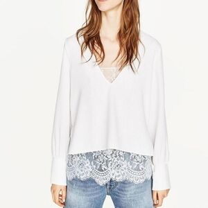 Zara Plunge V Neck  White Blouse  Lace Blouse Size Medium